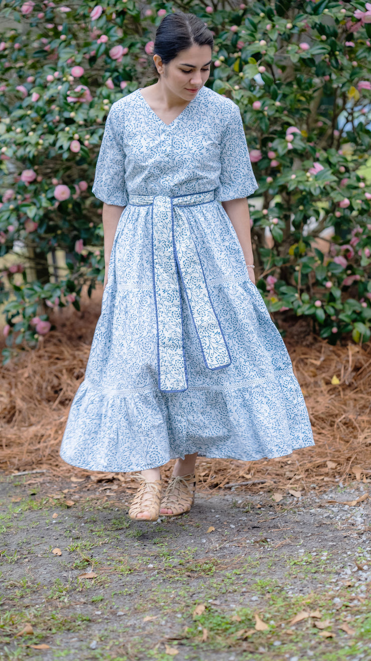 The Sofia Block Print Dress with Puff Sleeves in Azul is perfect to wear this Spring or Summer. Click here to see it styled!