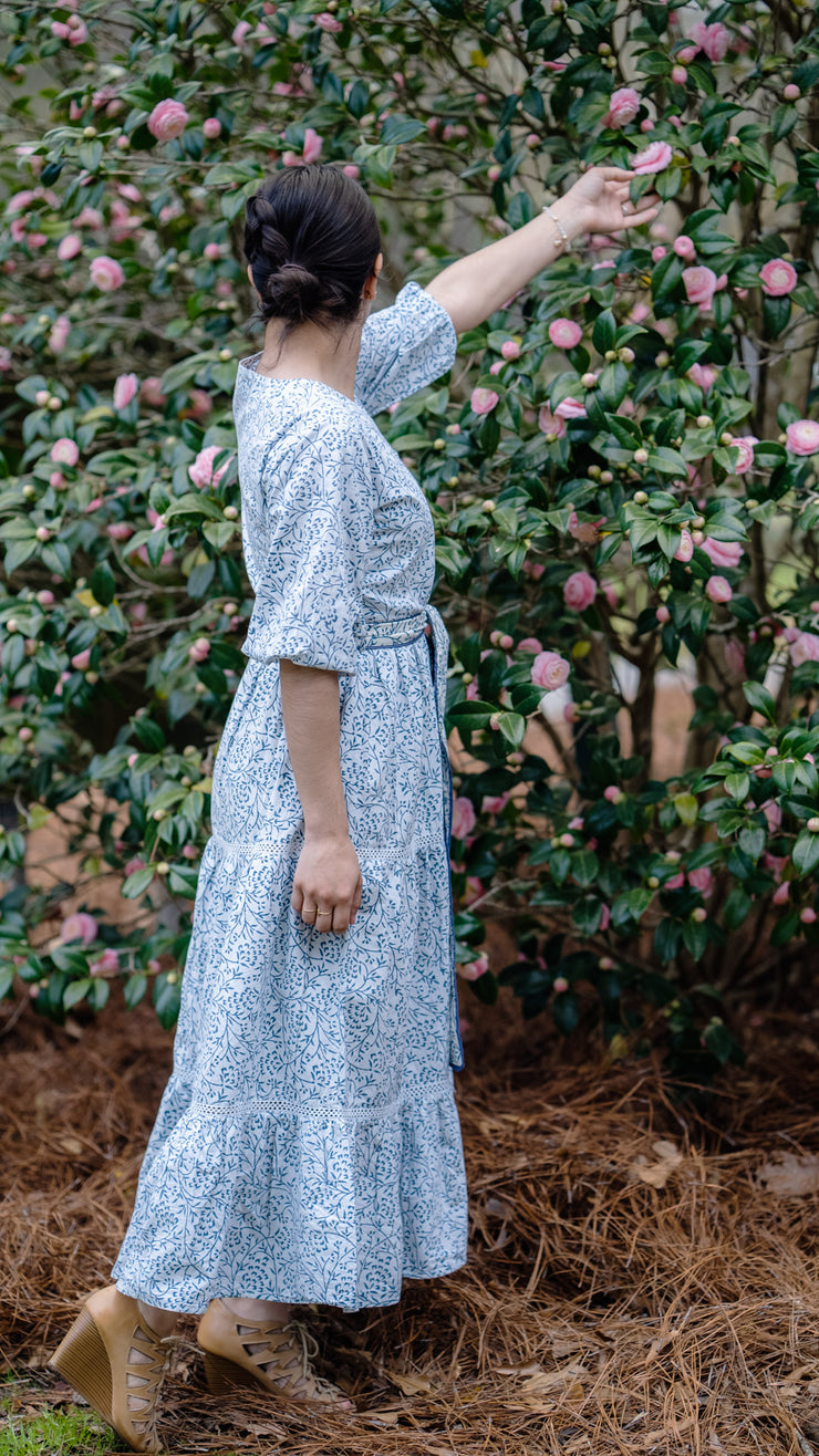 The Sofia Block Print Dress with Puff Sleeves in Azul is perfect to wear this Spring or Summer. Click here to see it styled!